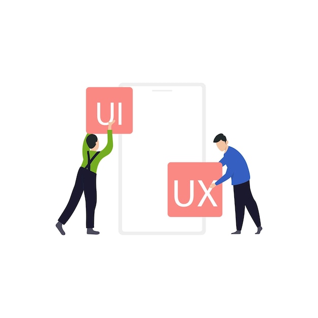 Two men pushing a giant ux box with the word ux on it.
