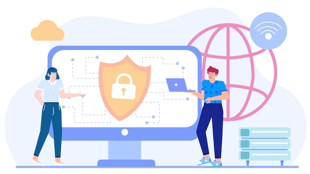 Two people are implementing security measures to protect data