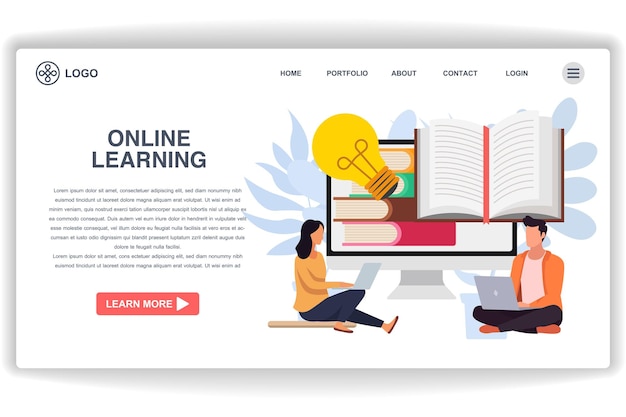 Two people are using laptops to study website page Online Learning Modern flat design concept of web page design for website and mobile website