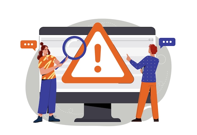 Two people examining a computer screen with a warning sign flat graphic style on a white background
