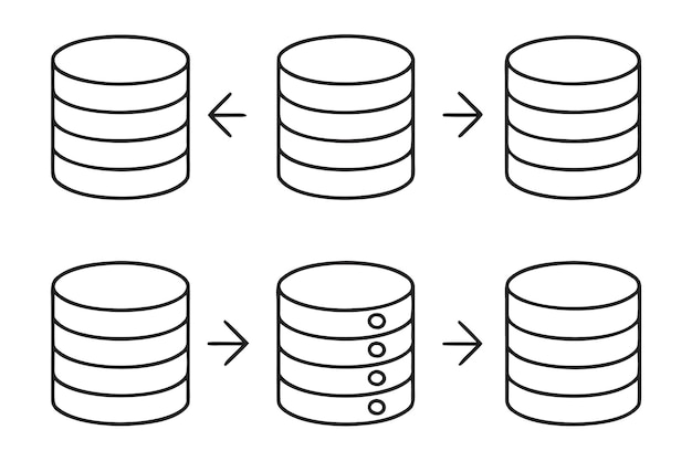 Two rows of three database icons showing data flow and transfer between stacks movement