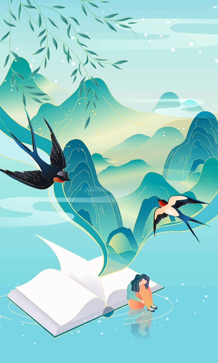 Vector two swallows flying in beautiful mountain scenery