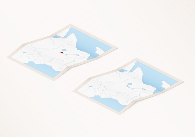 Two versions of a folded map of Burundi with the flag of the country of Burundi