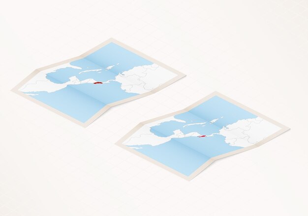 Two versions of a folded map of Costa Rica with the flag of the country of Costa Rica