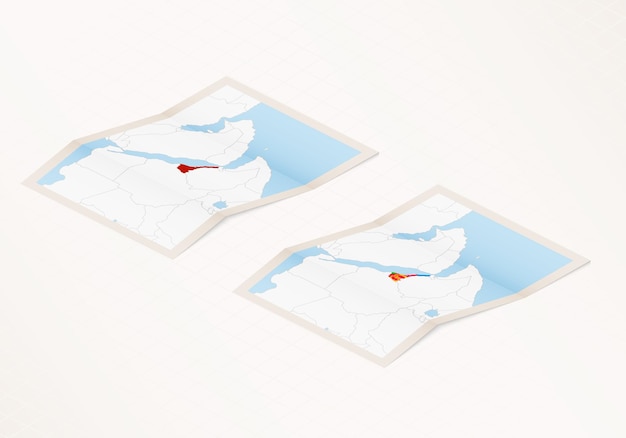 Two versions of a folded map of Eritrea with the flag of the country of Eritrea
