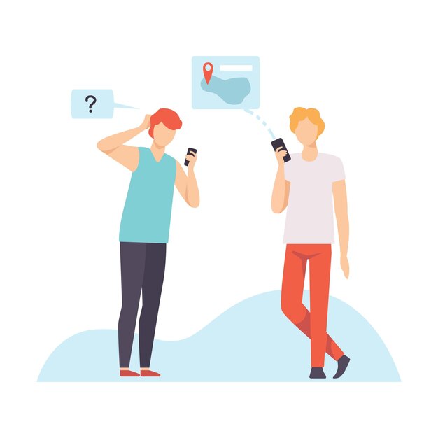 Two Young Men Communicating Using Smartphones Guys Chatting Via Internet with Mobile Devices Social Networking Vector Illustration on White Background