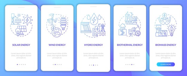 types of renewable sources onboarding mobile app page screen. power walkthrough 5 steps graphic instructions with linear concepts. ui, ux, gui template. myriad pro-bold, regular fonts used