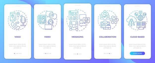 UCaaS functions blue gradient onboarding mobile app screen Connection walkthrough 5 steps graphic instructions pages with linear concepts UI UX GUI template Myriad ProBold Regular fonts used