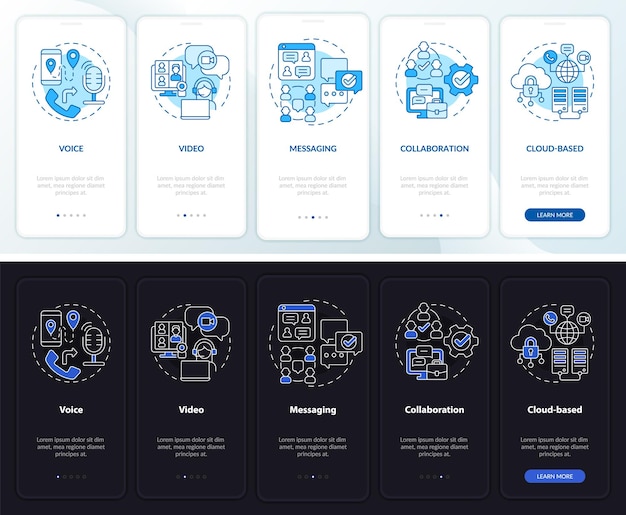 UCaaS functions night and day mode onboarding mobile app screen Service walkthrough 5 steps graphic instructions pages with linear concepts UI UX GUI template Myriad ProBold Regular fonts used