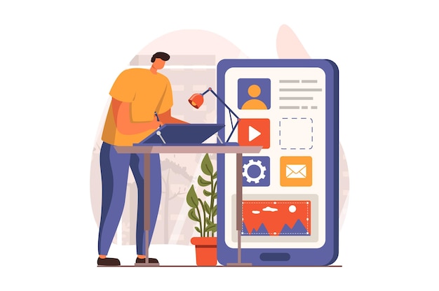 Ui and ux designers web concept in flat design Man draws menu buttons and interface elements for smartphone on graphics tablet placing and optimizes layout Vector illustration with people scene