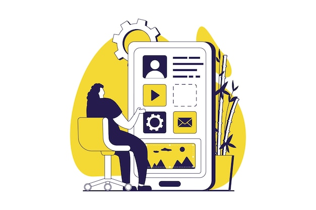 UI and UX designers web concept with flat people for website design Woman creating site interface placing buttons and mobile applications template engineering menu at screen Vector illustration