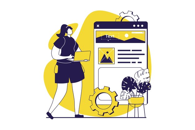 UI and UX designers web concept with flat people for website design Woman working with visual prototype with mobile applications and interface template engineering and testing Vector illustration