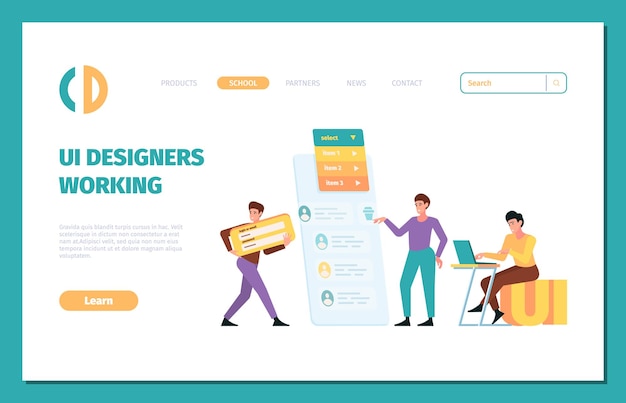 ui builders landing page of designers and programmers making various web frames holding dividers creative workers garish vector template