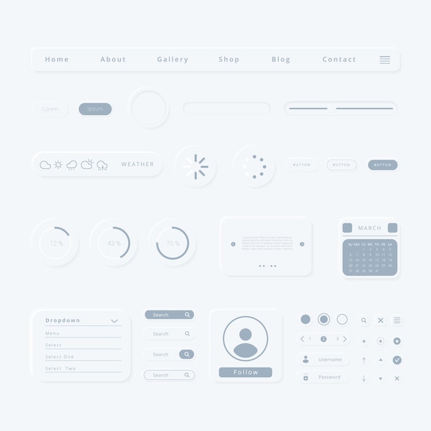 UI Components elements with Neumorphic style for mobile web app or website development interfaces