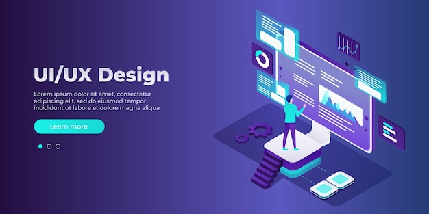 uiux design concept banner vector isometric illustration ui concept for your website data analysis management seo online shopping and startup business vector illustration eps 10