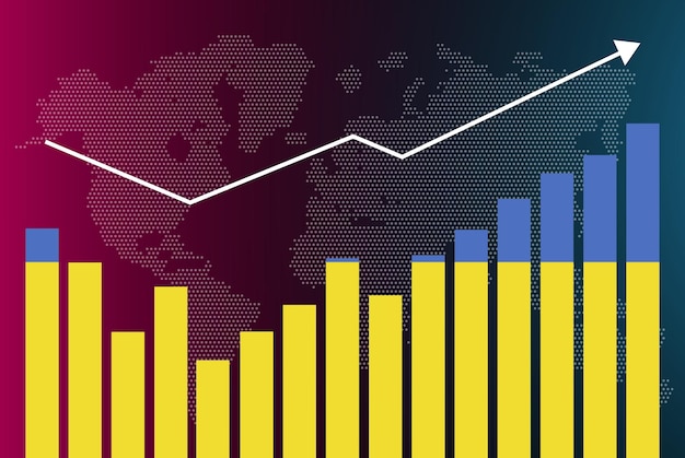 Ukraine bar chart graph with ups and downs, increasing values, Ukraine country flag on bar graph