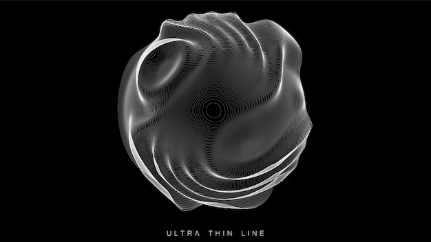 Ultra thin line fluid geometry. Dynamic vector distorted spheres. Digital fractal 3d swirl. Futuristic sound or data waveform. Chaotic particle wave motion trails.