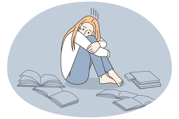unhappy girl surrounded by books study having problems at school or university upset student crying with education troubles knowledge concept vector illustration