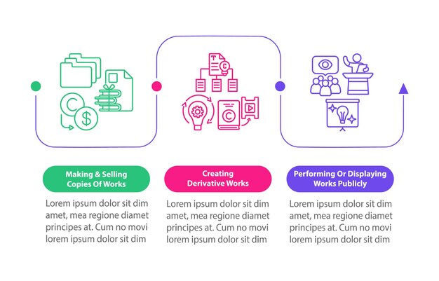 Unique author rights vector infographic template. Creating derivative works presentation design elements. Data visualization with 3 steps. Process timeline chart. Workflow layout with linear icons