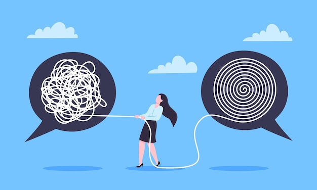 Unravel business chaos process with tangle difficult problem mess business concept vector illustration