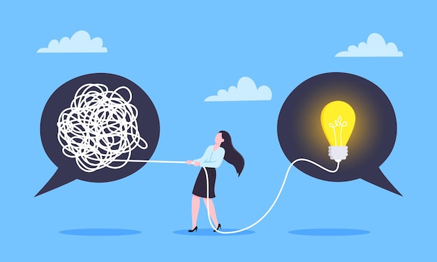 Unravel business chaos process with tangle difficult problem mess business concept