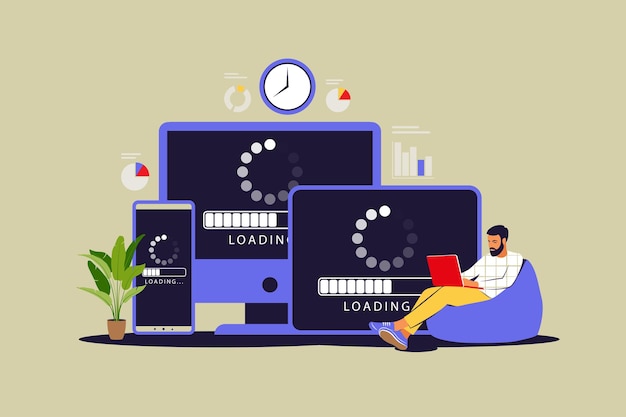 update concept. programmer upgrading operation system of computer. vector illustration. flat