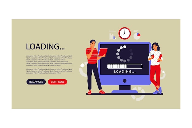 update concept. programmers upgrading operation system of computer. landing page. vector illustration. flat