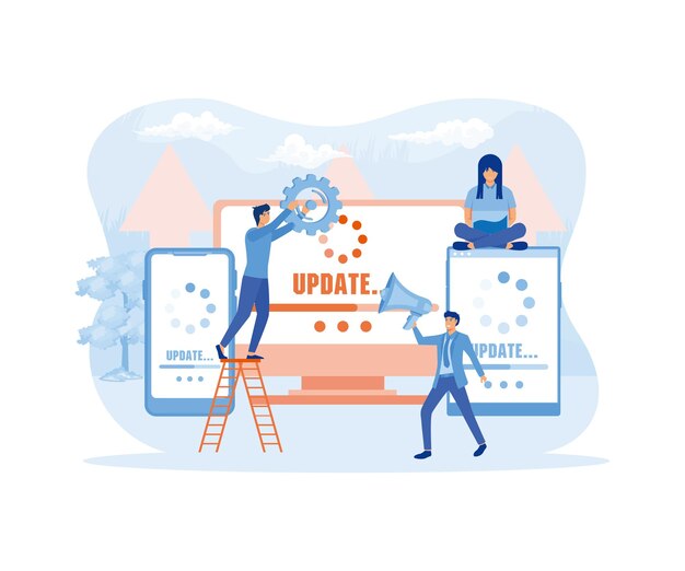 update software mini people work with upgrade system flat vector modern illustration