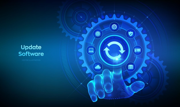 Update Software Upgrade Software version concept on virtual screen Computer program upgrade technology internet concept Hand touching digital interface with connected gears cogs and icons Vector