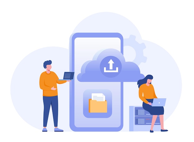 Upload file to cloud system file document office gadget technology database system storage flat vector banner design template