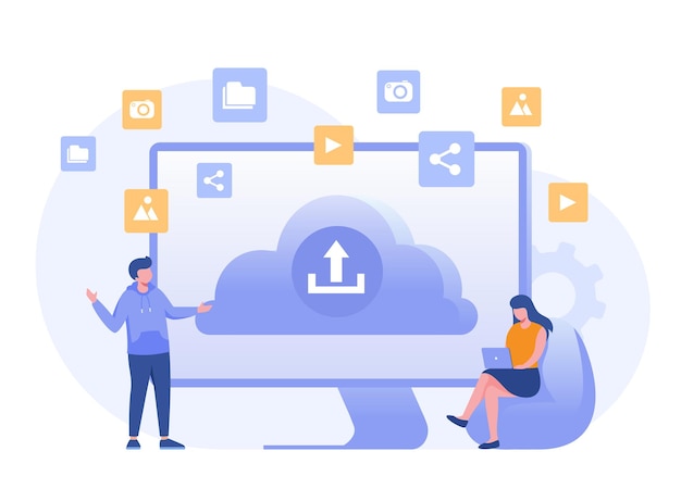 Upload file to cloud system file document office gadget technology database system storage flat vector banner design template