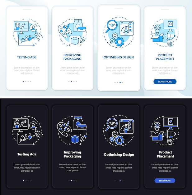 Usage of neuroscience onboarding mobile app page screen. Design testing walkthrough 4 steps graphic instructions with concepts. UI, UX, GUI vector template with linear night and day mode illustrations