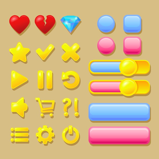 User interface elements, pink and blue buttons, heart, diamond, gold icons.