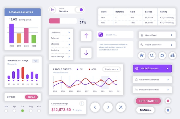 User interface elements set for accounting mobile app Kit template with HUD diagrams profile statistics dashboard financial data graphs calendar Pack of UI UX GUI screens Vector components