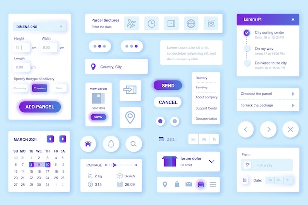 user interface elements set for delivery mobile app or web kit template with hud parcel dimensions calendar online package tracking courier route shipping pack of ui ux gui vector components