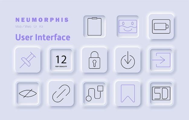 User interface set icon Pin lock navigation battery status login bookmark security file management system settings data processing customization interaction