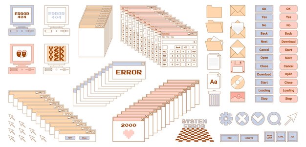 User Interface y2k stickers Retro icon browser buttons screen computer folder file document thumbnails loading progress bar notifications and more Delicate pastels vector illustration