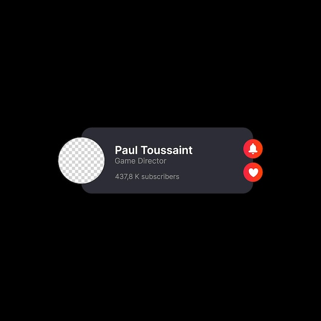 user profile banner illustration social media ui empty circle for adding profile icon with editable name occupation and number of subscribers like and bell buttons web element for mobile app