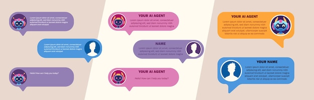 Users dialog with ai chatbot or ai agent Characters chatting with robot asking questions