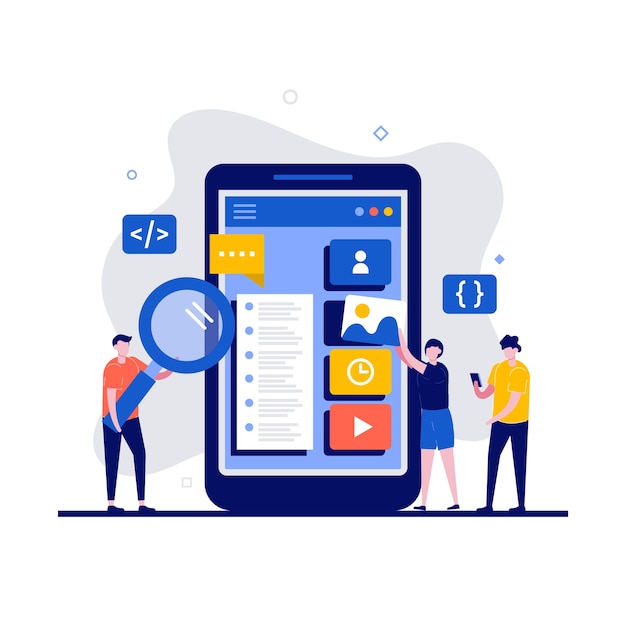 UX / UI design concept with character. Programmer creates a custom design for a mobile application.