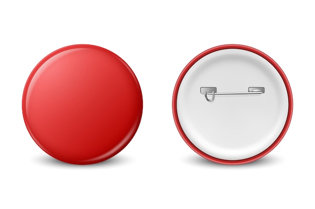 Vector 3d Realistic Red Round Metal Plastic Blank Empty Button Badge Icon CLoseup Isolated Front Back Side View Button Pin Badge Glossy Brooch Pin Front View Template for Branding Mockup
