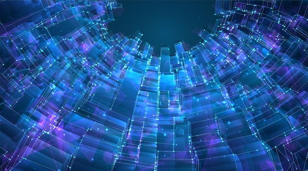 Vector abstract background of glowing square crystals on blue