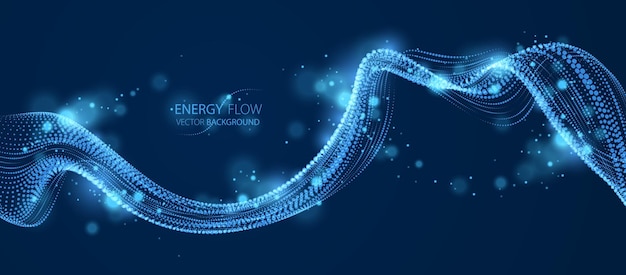 vector abstract background with wave of flowing particles over dark, smooth curve shape lines, particle array flow. 3d shape glowing dots blended mesh, technology relaxing wallpaper.