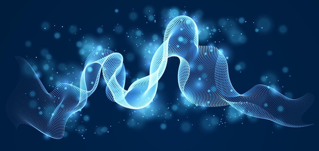 vector abstract background with wave of flowing particles over dark, smooth curve shape lines, particle array flow. 3d shape glowing dots blended mesh, technology relaxing wallpaper.