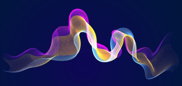 vector abstract background with wave of flowing particles over dark, smooth curve shape lines, particle array flow. 3d shape glowing dots blended mesh, technology relaxing wallpaper.