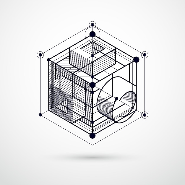 Vector abstract black and white background created in isometric mesh lines style. Mechanical scheme, vector engineering drawing with cube and mechanism parts. Perfect background for your designs