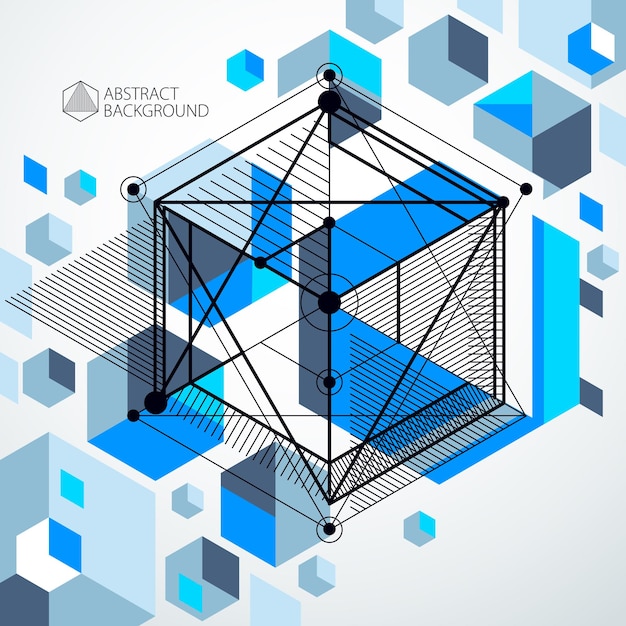 vector abstract blue background created in isometric mesh lines style. mechanical scheme, vector engineering drawing with cube and mechanism parts. perfect background for your design projects