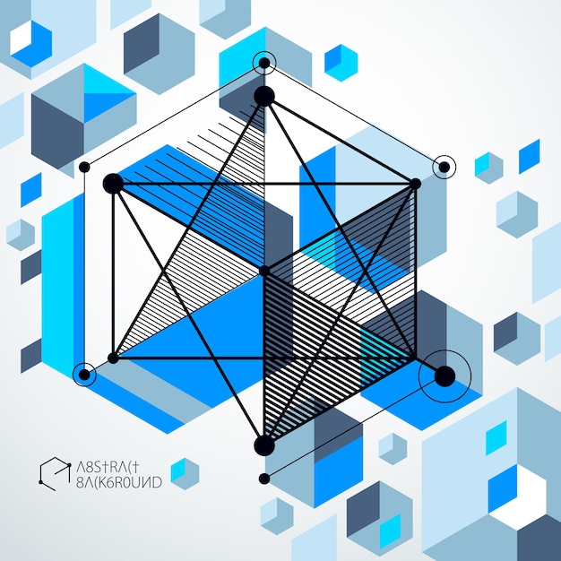 Vector abstract blue background created in isometric mesh lines style. Mechanical scheme, vector engineering drawing with cube and mechanism parts. Perfect background for your design projects