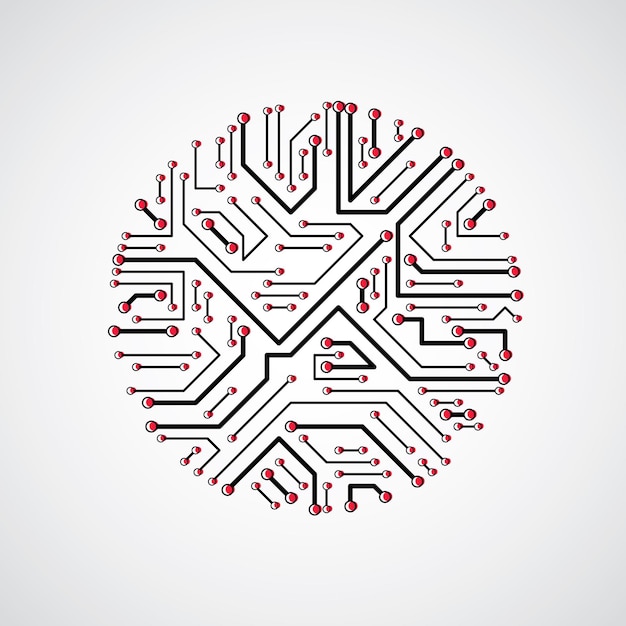 Vector abstract computer circuit board illustration, monochrome round technology element with connections. Electronics theme web design.