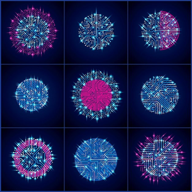 Vector abstract computer glare circuit boards collection, blue round technology elements with connection arrows and neon lights. Electronics theme web design abstractions.